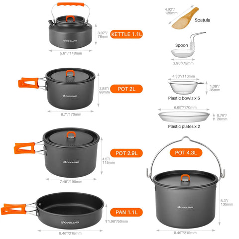 18Pcs Camping Cookware Set With Large Hanging Pots Pan And Kettle Plus Plastic Plates Bowls Spoon Spatula And Sponge For Hiking Backpacking Outdoor Cooking And Picnics, showing cookware sizes and features