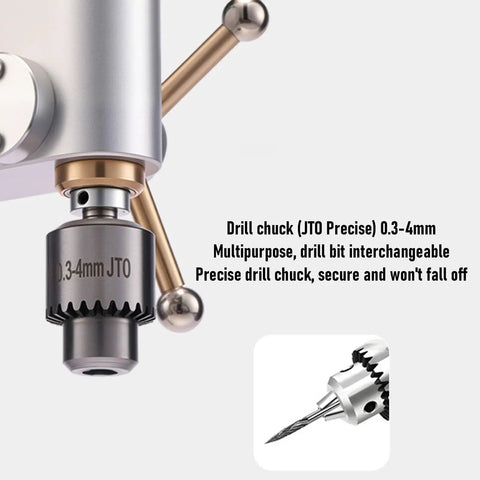 Cool Compact Mini Drill Press Machine With 360 Degree Rotation And Variable Speed Control For Wood, Metal And Jewelry Projects drill chuck JTO 0.3-4mm for precise bit placement.