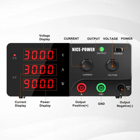 High Power Bench Power Supply 30V 30A 900W With Encoder Knob And Output Switch displays digital readouts and output terminals.