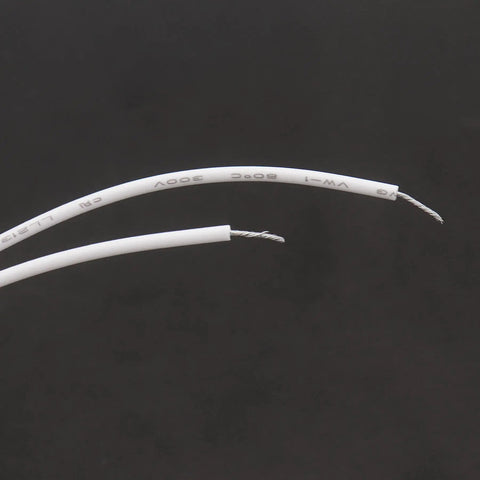 Close-up of white wires for Lock It Down Easily With This Recessed Wired Door Contact Sensor, showing exposed ends and specifications.