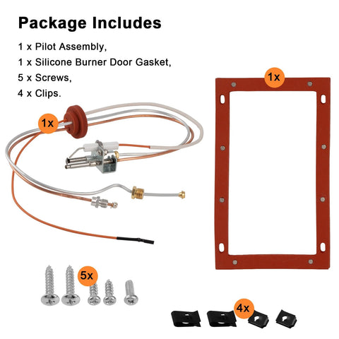 Pilot ignition replacement kit with orange silicone burner gasket, screws and clips for natural gas water heaters.