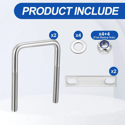 Built Tough Square U Bolt Kit Crafted From Legit 304 Stainless Steel For Rock Solid Pipe Securing includes 2 U-bolts, washers, nuts, plates.