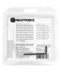 Packaging of Nightforce Xtreme Duty Ultralite 30mm 4 Screw Hard Anodized Aluminum Gun Scope Rings with details and branding visible.
