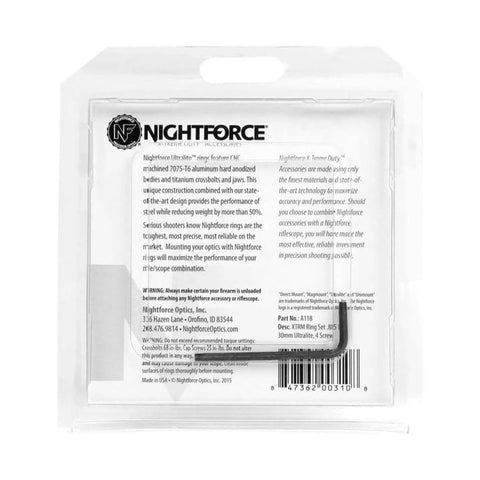 Packaging of Nightforce Xtreme Duty Ultralite 30mm 4 Screw Hard Anodized Aluminum Gun Scope Rings with details and branding visible.