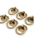 Set Of 6 Vintage Antique Brass Ring Pulls For Cabinets With Hollowed Dome Base And Flower Like Design Pure Solid Brass