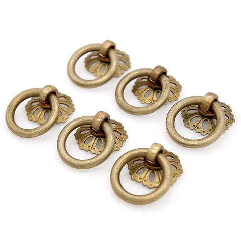 Set Of 6 Vintage Antique Brass Ring Pulls For Cabinets With Hollowed Dome Base And Flower Like Design Pure Solid Brass