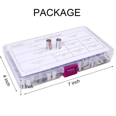Assorted Copper Wire Ferrules And Pin Terminals Kit in transparent box, showing labels and dimensions for DIY projects.