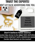 Toxic wood sealer with warning label and spilled chemicals next to safer alternative, highlighting Garden Box Armor benefits.