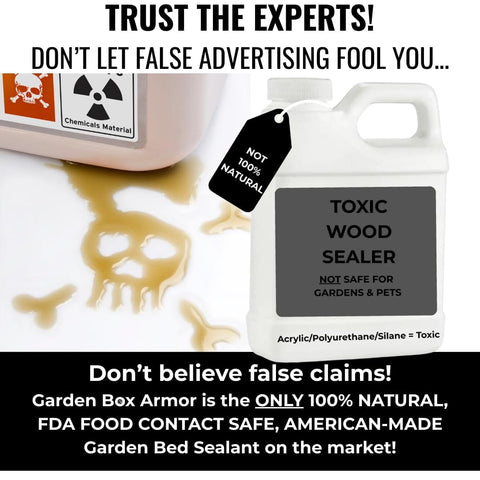 Toxic wood sealer with warning label and spilled chemicals next to safer alternative, highlighting Garden Box Armor benefits.