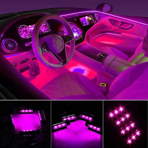Under Dash Car LED Strip Light Kit 4 Pack 48 LEDs Waterproof Interior Neon Accent Strip For Cars DC 12V Pink Mood Lighting Easy To Install Hides Under Dash For Cozy Cabin Glow showcasing vibrant pink interior lighting effect