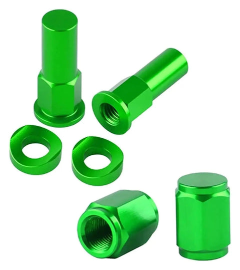 Green rim lock nut kit with spacers, bolts, and valve caps for dirt bikes, shown in close-up, durable finish for motocross.