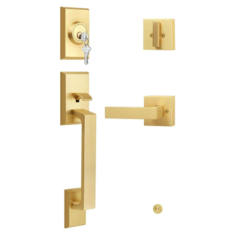 Built Tough Satin Brass Front Door Handle Set With Keys, Heavy Duty Exterior Door Lock And Single Cylinder Deadbolt