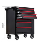 Black rolling tool box with seven lockable drawers, heavy duty steel tool chest cabinet, side storage cart for garage or workshop.