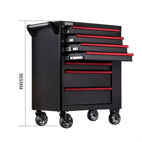 Black rolling tool box with seven lockable drawers, heavy duty steel tool chest cabinet, side storage cart for garage or workshop.