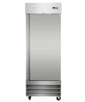 Heavy Duty Shop Ready 29 Inch Reach In Freezer With One Swing Solid Door 23 Cubic Foot Commercial Frozen Display Merchandiser Cabinet Premium Stainless Steel front view with shelves