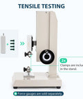 Manual Force Gauge Stand With Hand Wheel Control Eight Point Six Inch Stroke Beefy One Thousand Newtons Load Capacity Includes Two Testing Clamps Compression And Tension Testing For ZMF And EF Force Gauges, white metal stand with clamps