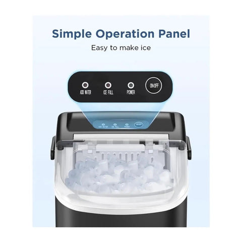 Portable Countertop Ice Maker With No Sweat Self Cleaning generates nine cubes, showing simple operation panel with controls.