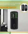 Keyless Entry Electronic Keypad Deadbolt Lock With Backup Keys Front Door Security System in black finish with batteries visible.