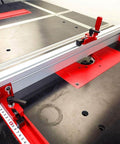75 Type T Slot Miter Track For Woodworking shown installed on router table, emphasizing precision alignment and red fixtures.
