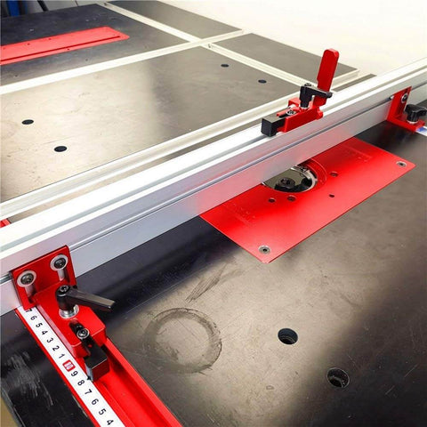 75 Type T Slot Miter Track For Woodworking shown installed on router table, emphasizing precision alignment and red fixtures.