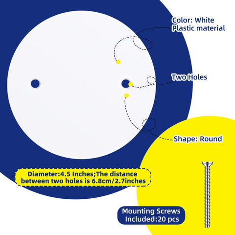 Six Pack White Round Ceiling Cover Plates With M3.5 Screws 5 Inch Blank Junction Box Covers For Fans And Ceiling Lights Flat Electrical Covers 3.5 Inch Hole Spacing shown with size details