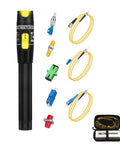 Front view of fiber optic Visual Fault Locator kit with yellow patch cables and FC/LC adapters in a carrying case