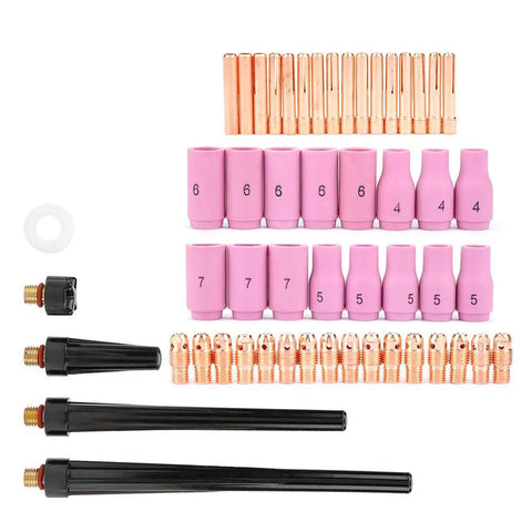 53 Piece TIG Welding Torch Body Parts Gas Lens Nozzle Collet Cup Kit For WP 9 20 25 Replacement Set displayed neatly on white background