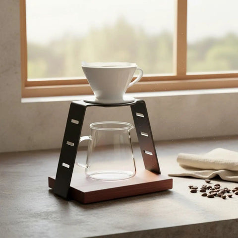 Straight Up Solid Coffee Stand And Dripper Holder Built With Heavy Duty Carbon Steel And Wooden Pedestal Base for manual brewing with coffee.