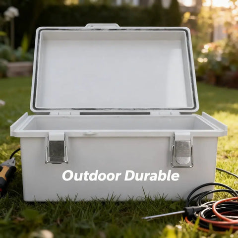 Open Weatherproof ABS Electrical Enclosure 190x290x140mm Outdoor Junction Box With Stainless Steel Latch on grass