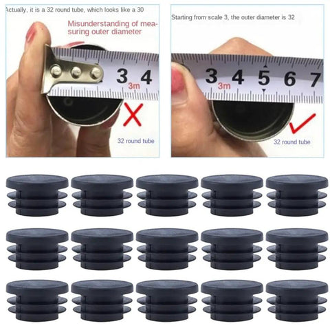 One Hundred Pieces Black Thickened Pipe End Caps Kickass Furniture Chair Leg Covers Smooth Gliding Floor Protectors For Metal Tubing And Ladder Base With No Hassle Scratch Shield displayed with measuring examples.