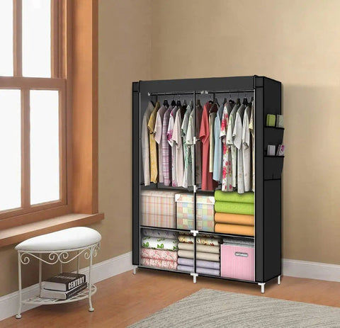 Space Saving Portable Wardrobe Closet With 43 Inch Frame Non Woven Cover Two Hanging Rods And Dual Storage Shelves In Brown