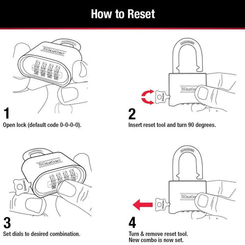 Illustration showing how to reset the Brass Resettable Four Digit Padlock For Indoor And Outdoor Use, easy code change instructions.