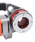 Close-up of Heavy Duty Electric Pipe Threader With Tough As Nails Ergonomic Grip showing precision die mount for various pipe sizes.