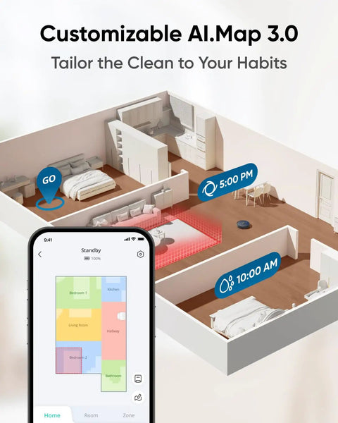 X10 Pro Omni Robot Vacuum And Mop Combo with customizable AI Map 3.0 shown cleaning rooms in a home and on mobile app
