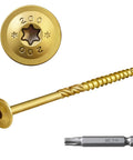 Heavy Duty Serrated Lag Screws 5/16 By 8 Inch High Tensile Structural Fasteners showing gold screw and T40 driver bit.