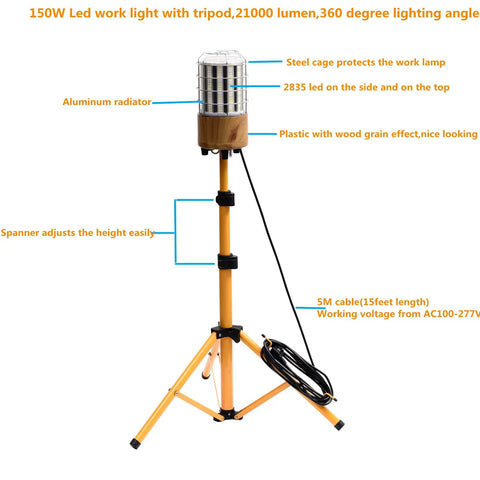 Beast Mode Bright 150W Tripod Work Light With 21000 Lumens Corded Led Stand Up Light 360 Degree Omnidirectional Lighting