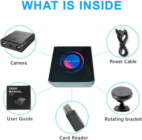 Smallest Wireless WiFi Hidden Camera With 1080P HD Video Live Feed Portable Nanny Cam And Baby Monitor Night Vision Motion Detection Cloud Storage And Remote Viewing Via iOS Android App components including camera, power cable, user guide, card reader, and rotating bracket.