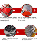 Installation steps for Adjustable Mini Bike Mounting Plate Adapter with visuals of bolt attachment and engine placement