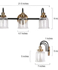 Modern 3 Light Seeded Glass Vanity Light Fixture In Matte Black And Brushed Brass Finish With A Circular Backplate And Three Arched Arms Ideal For Master Bathrooms Or Powder Rooms Spruces Up Your Bathroom With A Dope Mid Century Modern Vibe; dimensions shown.