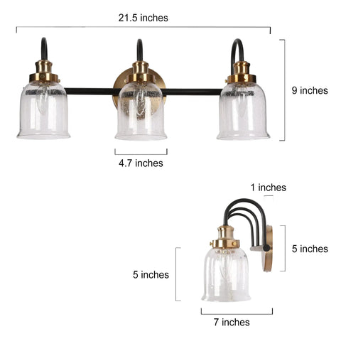 Modern 3 Light Seeded Glass Vanity Light Fixture In Matte Black And Brushed Brass Finish With A Circular Backplate And Three Arched Arms Ideal For Master Bathrooms Or Powder Rooms Spruces Up Your Bathroom With A Dope Mid Century Modern Vibe; dimensions shown.