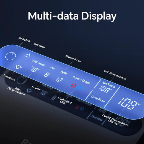 Multi-data display panel of Sleek Compact 8kw Tankless Electric Water Heater Pumping Hot Water On Demand with temperature settings.