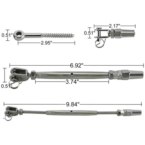10 Pack 1/8 Inch Cable Railing Kit With 316 Stainless Steel Swageless Tensioners Welded Forks Eye Terminals And Wood Screws