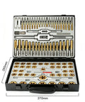 Essential Garage Workshop Threading Repair Kit boasting 86 Piece Tap And Die Set With Heavy Steel Build Includes Tap Handles Die Holders Plus Portable Metal Case For Serious SAE Metric Job Fixes, open case