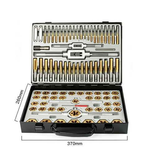 Essential Garage Workshop Threading Repair Kit boasting 86 Piece Tap And Die Set With Heavy Steel Build Includes Tap Handles Die Holders Plus Portable Metal Case For Serious SAE Metric Job Fixes, open case