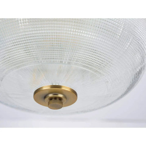 Vintage Brass Two Light Close To Ceiling Flush Mount Fixture In Archie Collection Style with prismatic glass detail