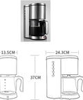 Drip Coffee Maker 1250W Power, 1.25L Glass Carafe, Stainless Steel Filter Coffee Machine with dimensions and side view diagram.