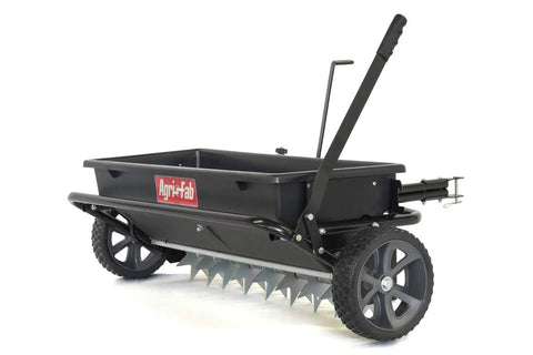 Heavy-Duty All-In-One Tow Lawn Spiker Seeder Spreader 100 Lb Capacity 32-Inch Working Width Rustproof Poly Hopper 8 Galvanized Spike Disks