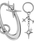 Two Pack Star Carabiner Keychains Dope Y2K Aesthetic Clip For Keys Purses Backpacks Silver Chrome Shiny Charms Moon Star Design