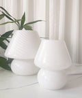 Swirl Mushroom Glass Lamp In Striped Pink, Hand Blown Translucent Murano Style Table Bedside Light on white table
