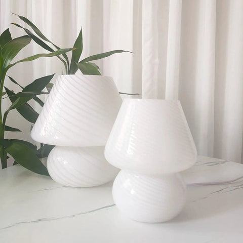 Swirl Mushroom Glass Lamp In Striped Pink, Hand Blown Translucent Murano Style Table Bedside Light on white table